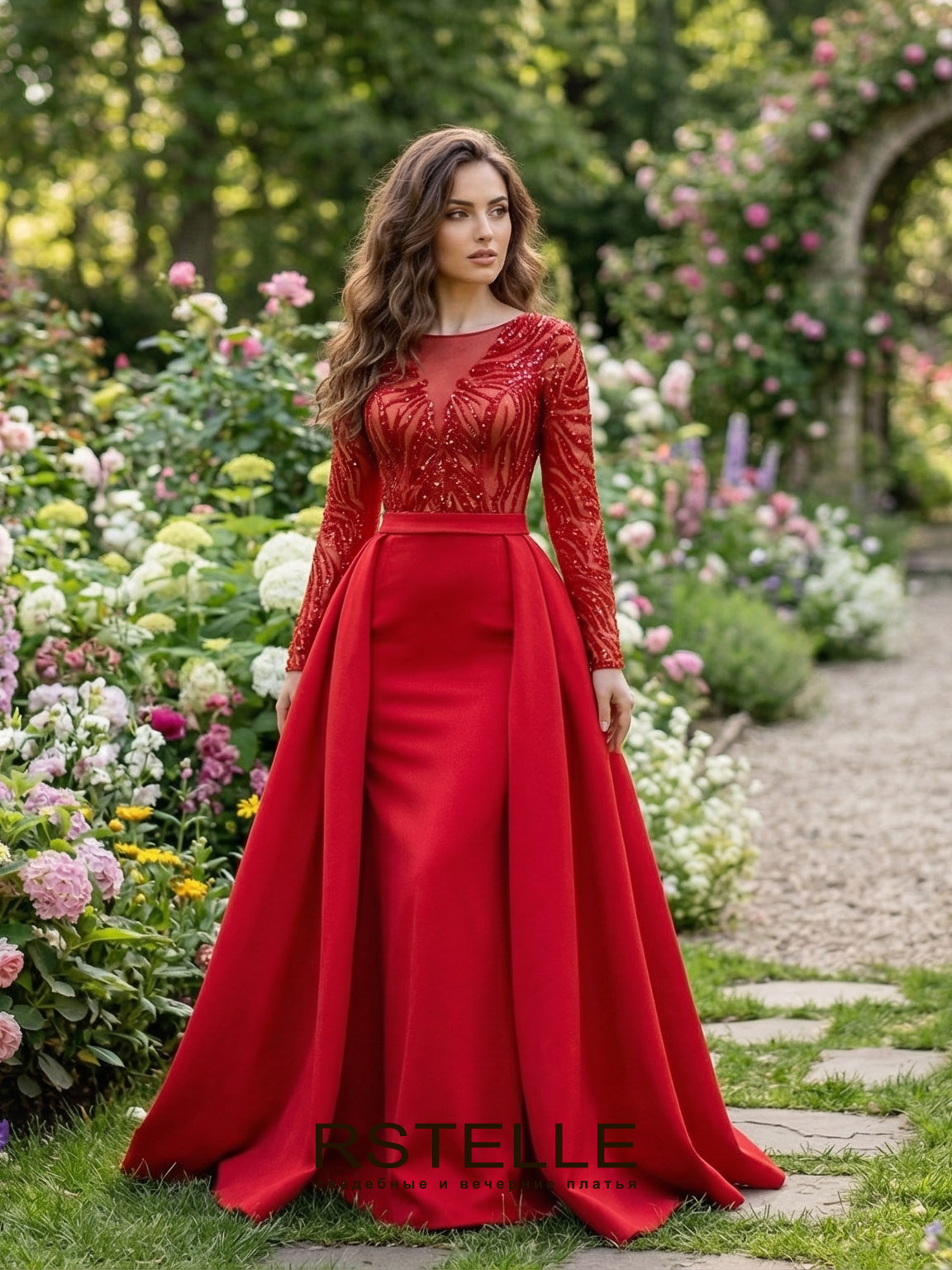 Красное расшитое вечернее платье с рукавами, силуэт русалка(рыбка). Плате трансформер с отстегивающейся юбкой