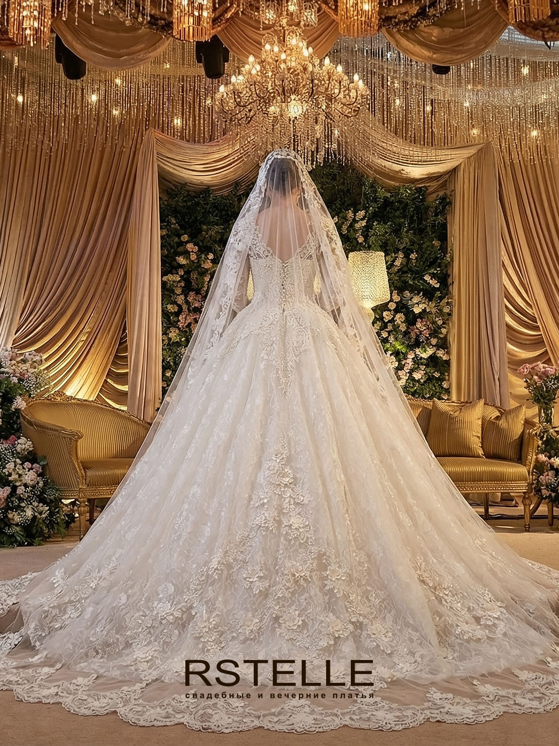 пышное свадебное платье с рукавами и расшитым кружевом, мерцающая юбка, шлейф
