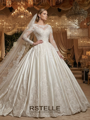 пышное атласное свадебное платье с рукавами