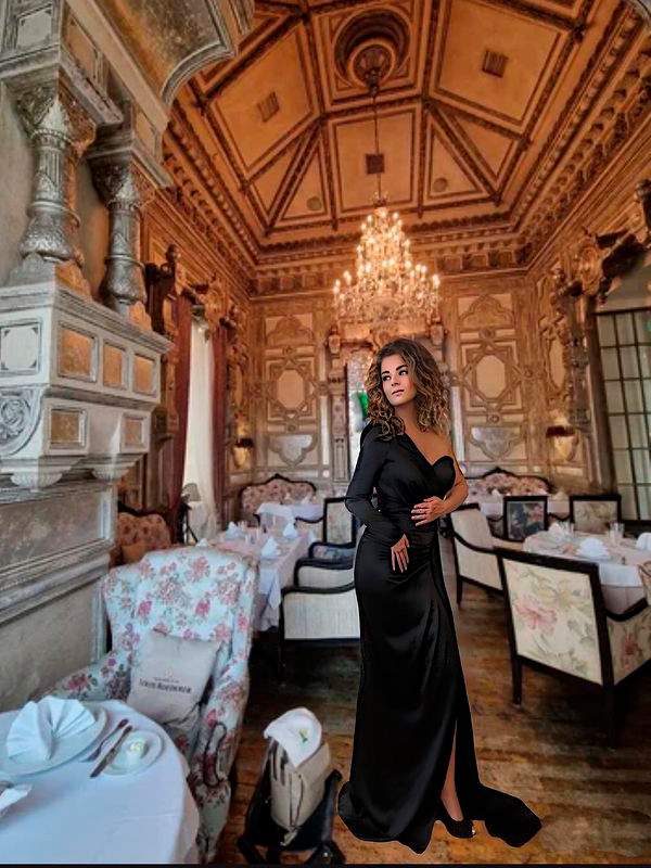 атлсное черное вечернее платье с одним рукавом