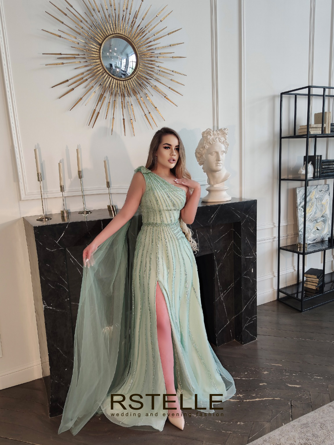 расшитое вечернее платье на выпускной мятного цвет