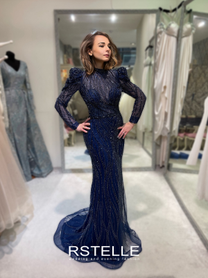 расшитое вечернее платье большого размера с рукавами, синий цвет