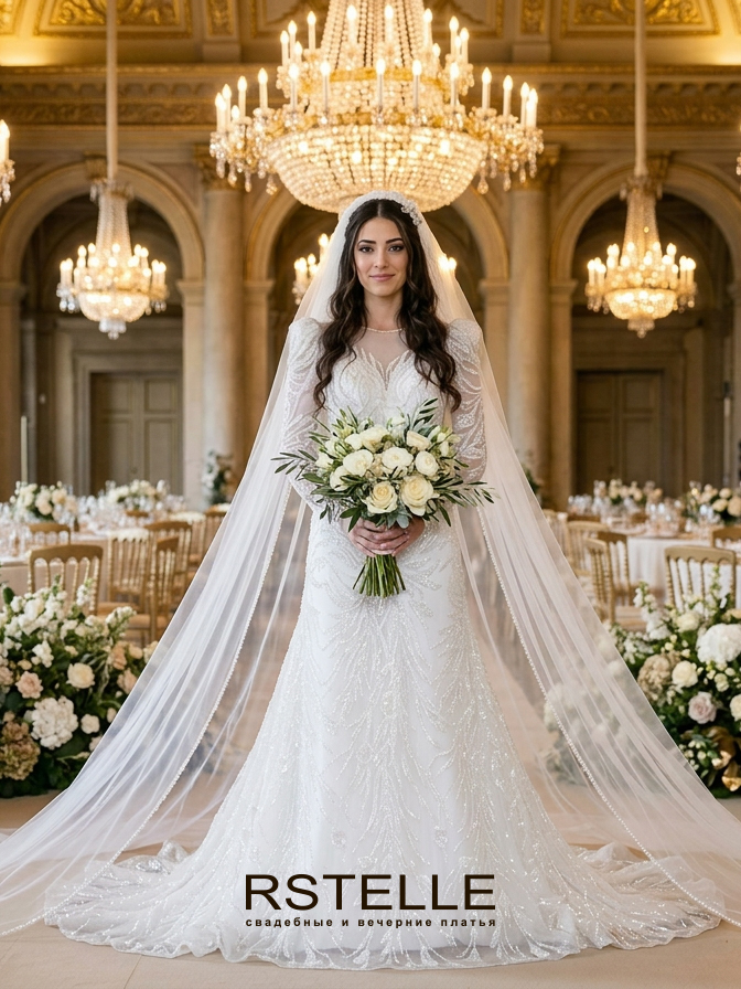 расшитое свадебное платье русалка(рыбка) с рукавами и шлейфом