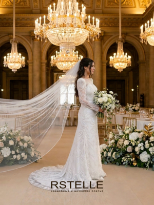 дорогое расшитое бисером свадебное платье с рукавами силуэта русалка(рыбка)