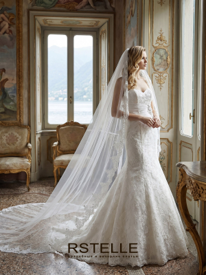 Кружевное свадебное платье рыбка Pierre Cardin, открытый верх, съемный пояс