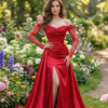 красное атласное вечернее платье силуэта русалка с двойной юбкой и разрезом