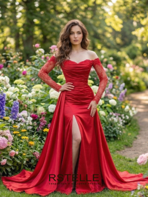 красное атласное вечернее платье силуэта русалка с двойной юбкой и разрезом