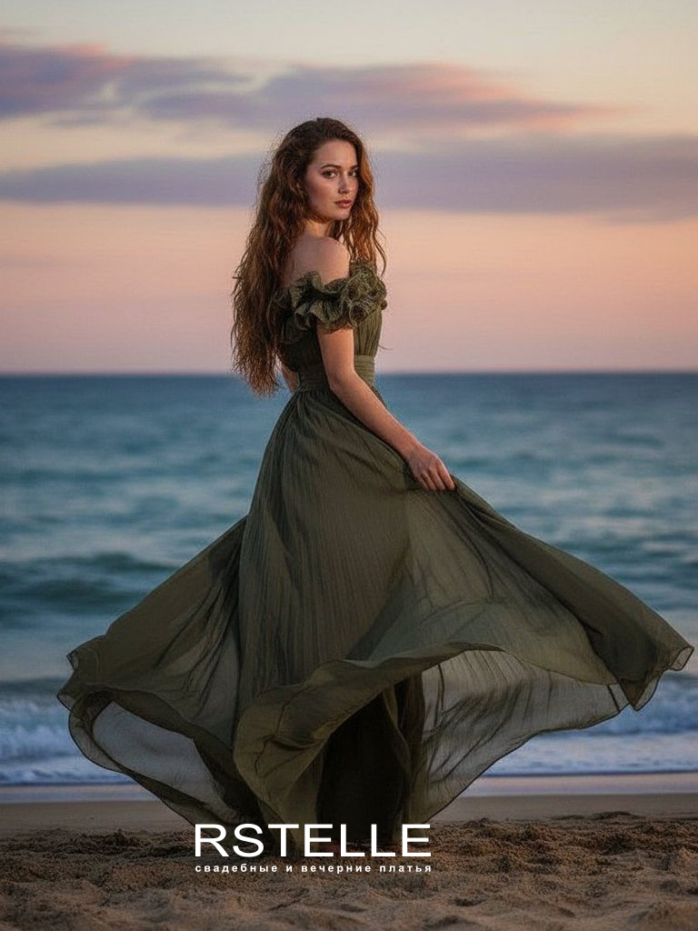 воздушное вечернее платье из блестящего шифона А-силуэта со спущенными бретелями