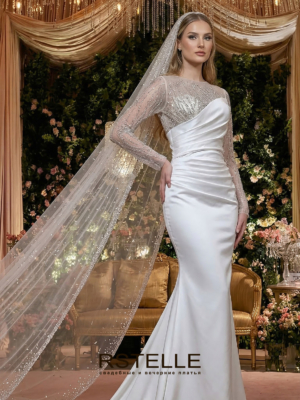 атласное свадебное платье трансформер с расшитыми рукавами