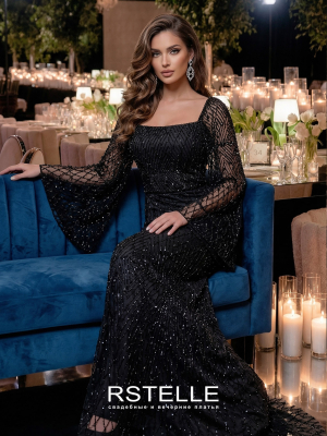 черное вечернее платье с рукавами, расшитое бисером