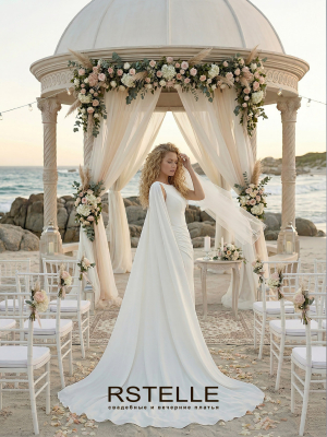 свадебное платье русалка с кейпом(накидкой) вырез лодочкой, длинный шлейф