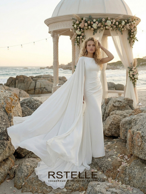 свадебное платье русалка с кейпом(накидкой) вырез лодочкой, драпировка на юбке