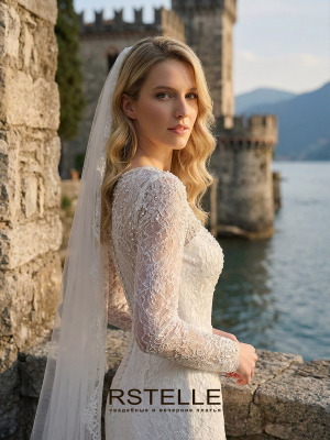 кружевное свадебное платье с рукавами прямого силуэта, вырез лодочкой, шлейф