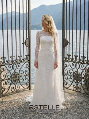 кружевное свадебное платье с рукавами, вырез лодочкой, рукава с фонариками