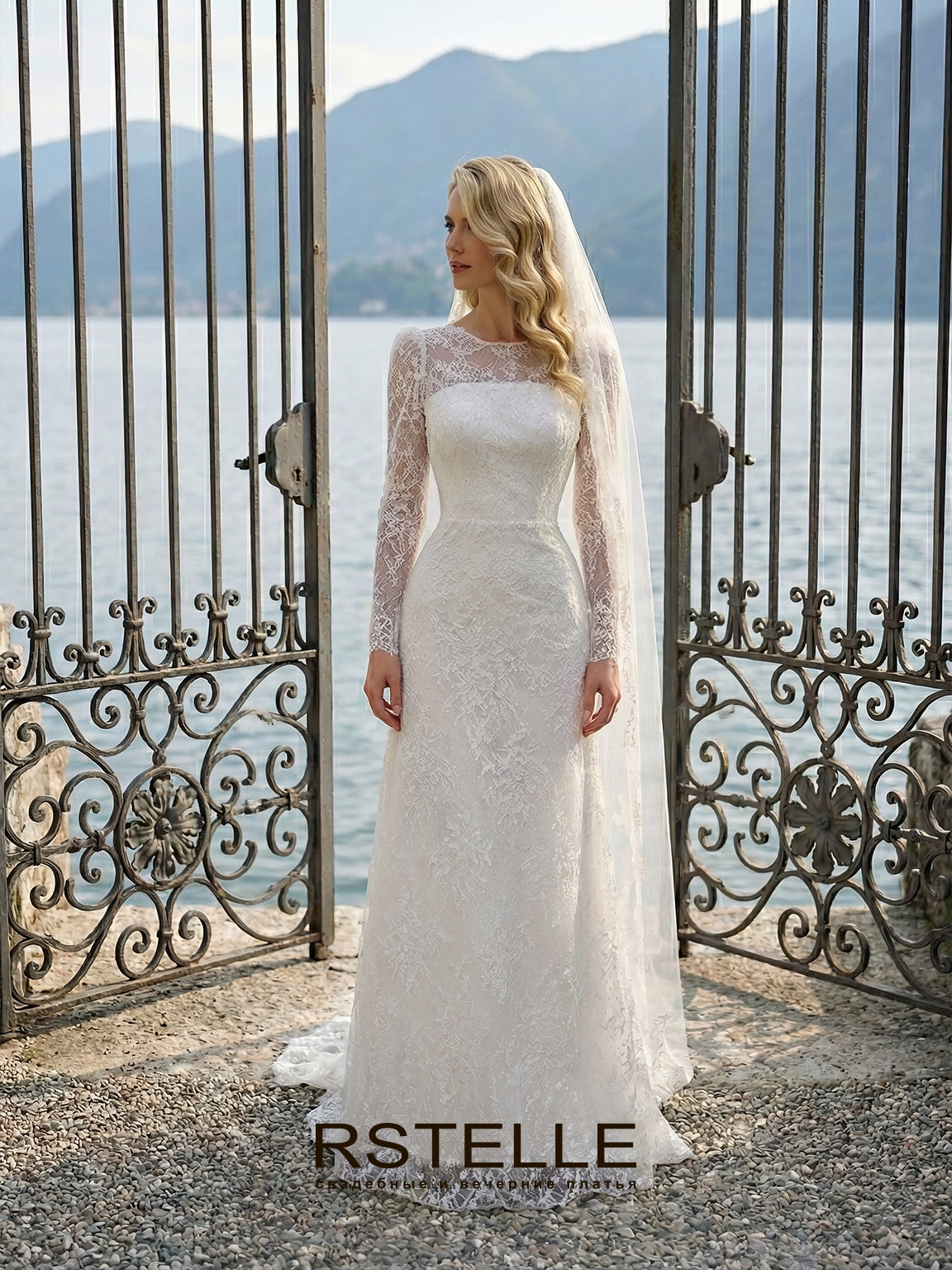 кружевное свадебное платье с рукавами, вырез лодочкой, рукава с фонариками