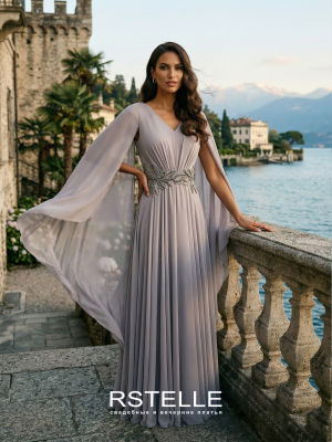 Вечернее платье большого 56 размера с рукавами кейпом, легкий шифон