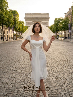 короткое свадебное платье из шифона с атласным лифом и воланами на юбке, дополнительные бретели