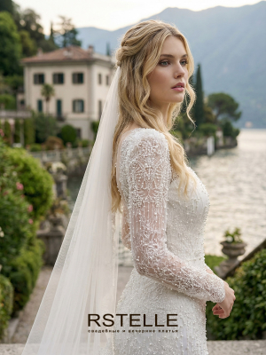 Кружевное свадебное платье с рукавами, расшитое, закрытое вырез лодочкой