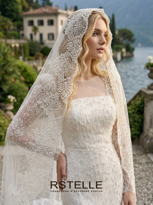 кружевное свадебное платье с рукавами расшитое жемчугом, закрытый верх