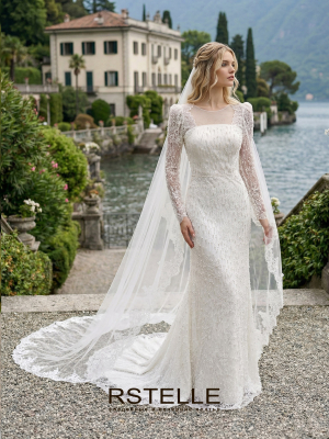 Кружевное свадебное платье с рукавами, расшитое жемчугом