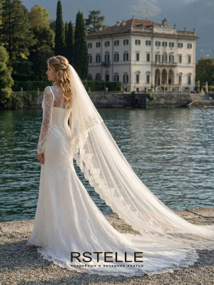 кружевное свадебное платье с рукавами русалка(рыбка) закрытое со шлейфом
