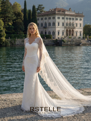 кружевное свадебное платье с рукавами и V-образным вырезом