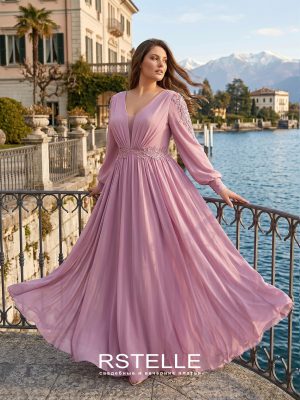 вечернее платье большого размера пудрового цвета, шифоновая юбка, легкий рукав