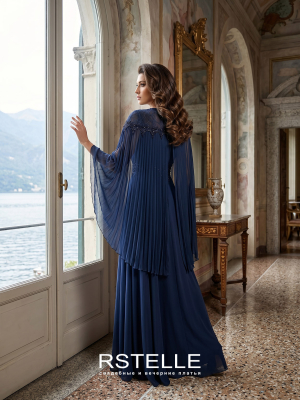 Шифоновое вечернее платье с кейпом, закрытое платье темно-синего цвета, прямая юбка