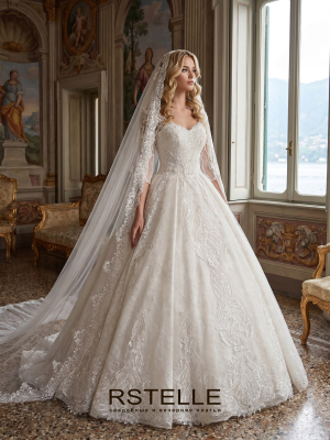 ball gown wedding dress with sleeves, V-neckline with a sweetheart shape